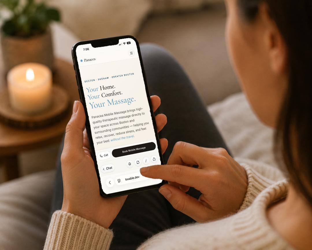 Client booking a mobile massage on a phone from a cozy couch
