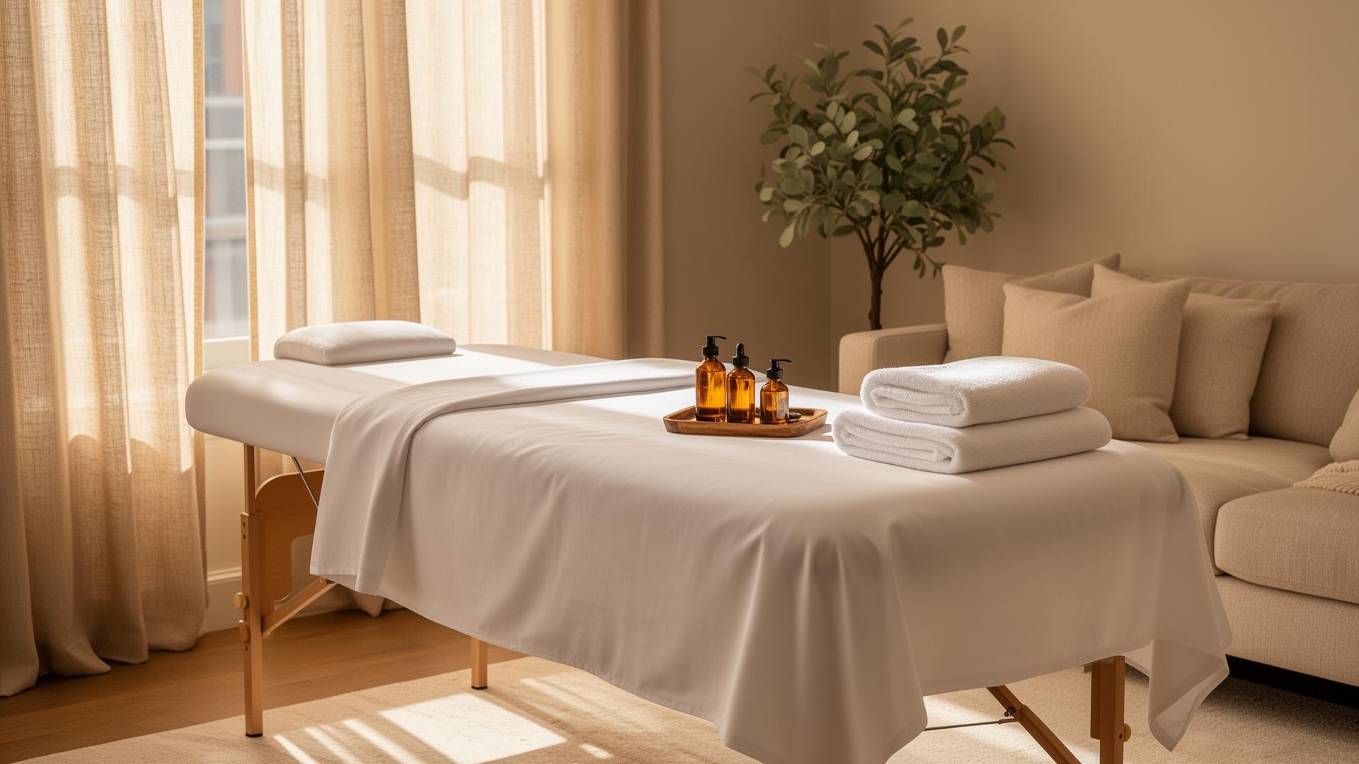 Professional mobile massage table setup with white linens in a sunlit Boston home